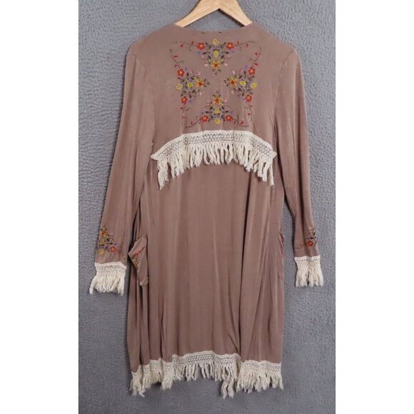 POL Women Boho Embroidered Tan Fringe Trimmed Knit Open Cardigan Duster Cover Up - Picture 2 of 14